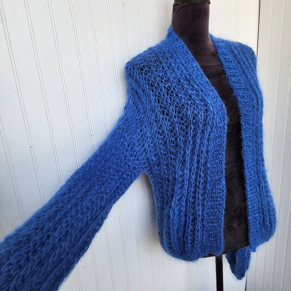 Handmade Fuzzy Mohair Wool Cardigan Sweater Women's Blue Dropped Shoulder Sz M - Picture 5 of 12